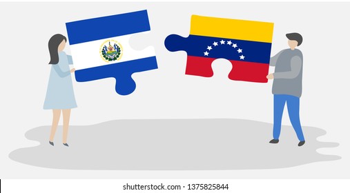 Couple holding two puzzles pieces with Salvadoran and Venezuelan flags. El Salvador and Venezuela national symbols together.