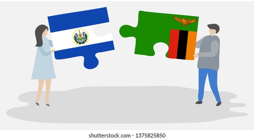 Couple holding two puzzles pieces with Salvadoran and Zambian flags. El Salvador and Zambia national symbols together.