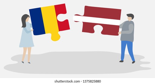 Couple holding two puzzles pieces with Romanian and Latvian flags. Romania and Latvia national symbols together.