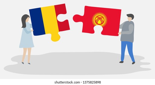Couple holding two puzzles pieces with Romanian and Kirgiz flags. Romania and Kyrgyzstan national symbols together.
