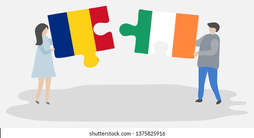 Couple holding two puzzles pieces with Romanian and Irish flags. Romania and Ireland national symbols together.