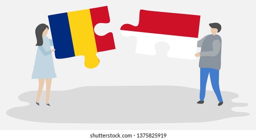 Couple holding two puzzles pieces with Romanian and Indonesian flags. Romania and Indonesia national symbols together.