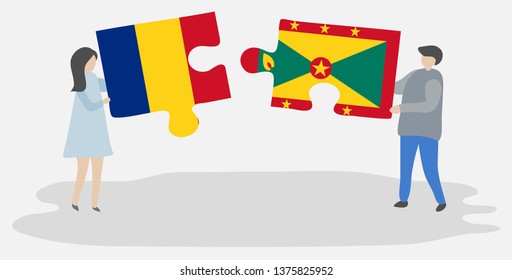 Couple holding two puzzles pieces with Romanian and Grenadian flags. Romania and Grenada national symbols together.