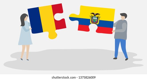 Couple holding two puzzles pieces with Romanian and Ecuadorian flags. Romania and Ecuador national symbols together.
