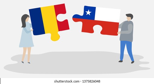 Couple holding two puzzles pieces with Romanian and Chilean flags. Romania and Chile national symbols together.