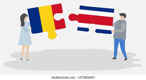 Couple holding two puzzles pieces with Romanian and Costa Rican flags. Romania and Costa Rica national symbols together.