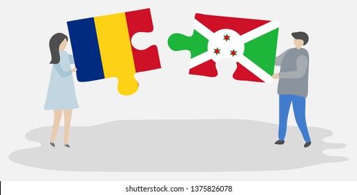 Couple holding two puzzles pieces with Romanian and Burundian flags. Romania and Burundi national symbols together.