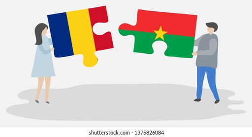 Couple holding two puzzles pieces with Romanian and Burkinabe flags. Romania and Burkina Faso national symbols together.