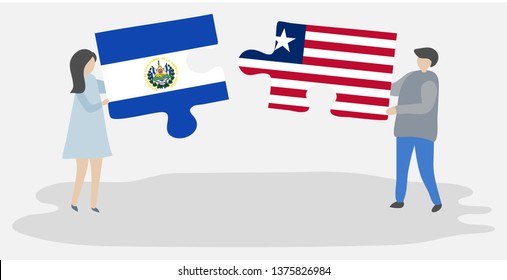 Couple holding two puzzles pieces with Salvadoran and Liberian flags. El Salvador and Liberia national symbols together.