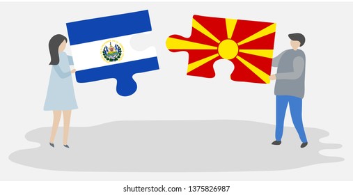 Couple holding two puzzles pieces with Salvadoran and Macedonian flags. El Salvador and Macedonia national symbols together.