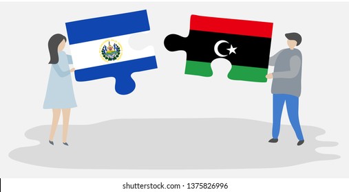 Couple holding two puzzles pieces with Salvadoran and Libyan flags. El Salvador and Libya national symbols together.