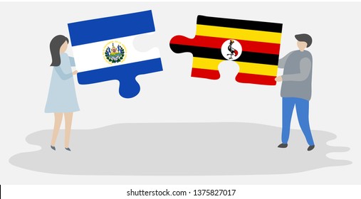 Couple holding two puzzles pieces with Salvadoran and Ugandan flags. El Salvador and Uganda national symbols together.