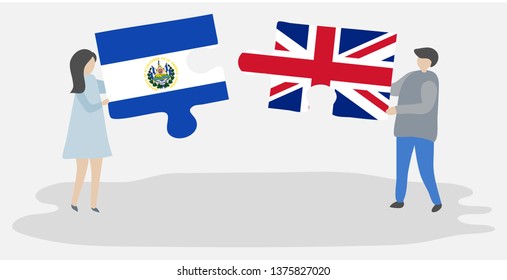 Couple holding two puzzles pieces with Salvadoran and British flags. El Salvador and United Kingdom national symbols together.