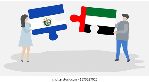 Couple holding two puzzles pieces with Salvadoran and Emirian flags. El Salvador and United Arab Emirates national symbols together.
