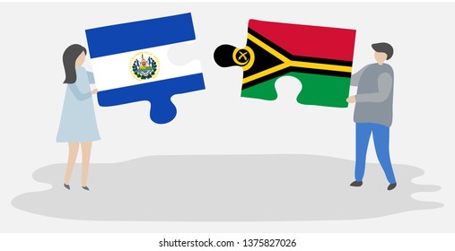 Couple holding two puzzles pieces with Salvadoran and Vanuatuan flags. El Salvador and Vanuatu national symbols together.