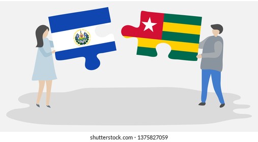 Couple holding two puzzles pieces with Salvadoran and Togolese flags. El Salvador and Togo national symbols together.