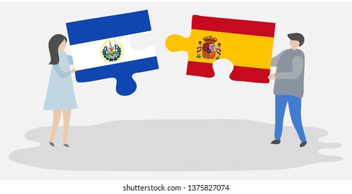 Couple holding two puzzles pieces with Salvadoran and Spanish flags. El Salvador and Spain national symbols together.