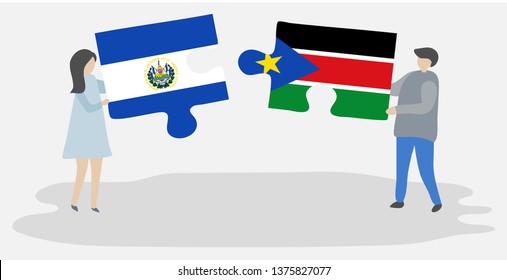 Couple holding two puzzles pieces with Salvadoran and South Sudanese flags. El Salvador and South Sudan national symbols together.