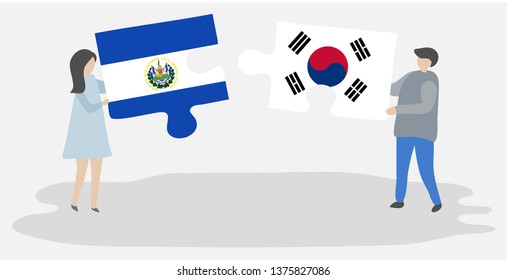 Couple holding two puzzles pieces with Salvadoran and South Korean flags. El Salvador and South Korea national symbols together.