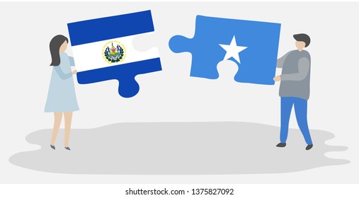 Couple holding two puzzles pieces with Salvadoran and Somali flags. El Salvador and Somalia national symbols together.