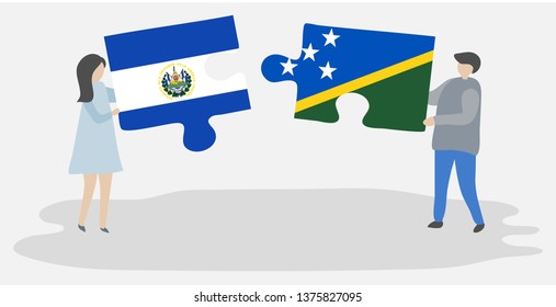 Couple holding two puzzles pieces with Salvadoran and Solomon Island flags. El Salvador and Solomon Islands national symbols together.