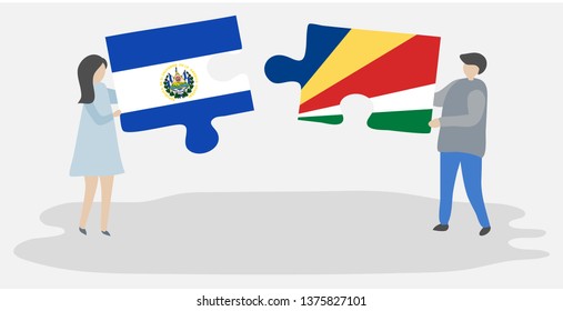 Couple holding two puzzles pieces with Salvadoran and Seychellois flags. El Salvador and Seychelles national symbols together.