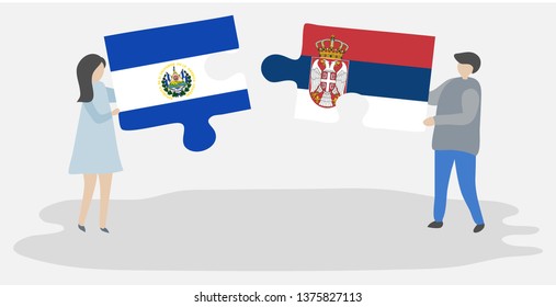 Couple holding two puzzles pieces with Salvadoran and Serbian flags. El Salvador and Serbia national symbols together.
