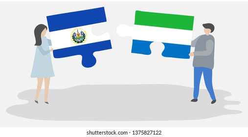 Couple holding two puzzles pieces with Salvadoran and Sierra Leonean flags. El Salvador and Sierra Leone national symbols together.