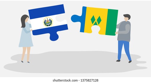 Couple holding two puzzles pieces with Salvadoran and Vincentian flags. El Salvador and Saint Vincent and the Grenadines national symbols together.