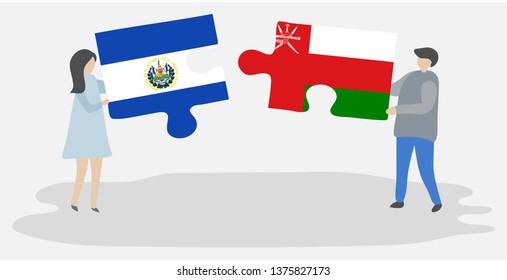 Couple holding two puzzles pieces with Salvadoran and Omani flags. El Salvador and Oman national symbols together.