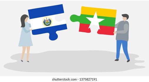 Couple holding two puzzles pieces with Salvadoran and Burmese flags. El Salvador and Myanmar national symbols together.