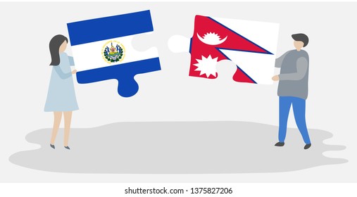 Couple holding two puzzles pieces with Salvadoran and Nepalese flags. El Salvador and Nepal national symbols together.