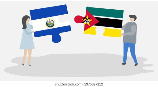 Couple holding two puzzles pieces with Salvadoran and Mozambican flags. El Salvador and Mozambique national symbols together.