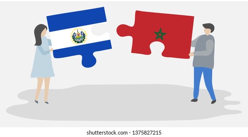 Couple holding two puzzles pieces with Salvadoran and Moroccan flags. El Salvador and Morocco national symbols together.