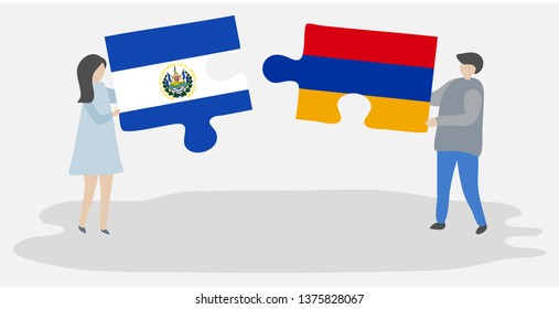 Couple holding two puzzles pieces with Salvadoran and Armenian flags. El Salvador and Armenia national symbols together.