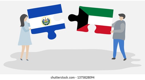 Couple holding two puzzles pieces with Salvadoran and Kuwaiti flags. El Salvador and Kuwait national symbols together.