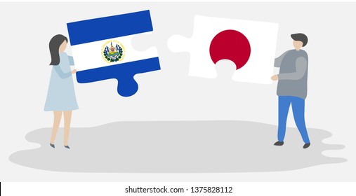 Couple holding two puzzles pieces with Salvadoran and Japanese flags. El Salvador and Japan national symbols together.