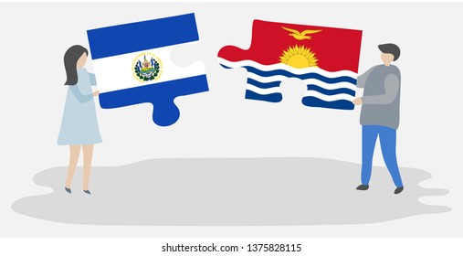 Couple holding two puzzles pieces with Salvadoran and I-Kiribati flags. El Salvador and Kiribati national symbols together.