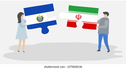 Couple holding two puzzles pieces with Salvadoran and Iranian flags. El Salvador and Iran national symbols together.