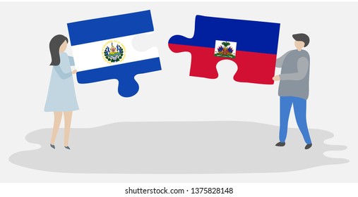Couple holding two puzzles pieces with Salvadoran and Haitian flags. El Salvador and Haiti national symbols together.