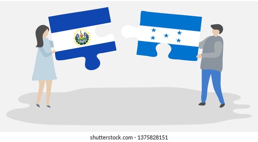 Couple holding two puzzles pieces with Salvadoran and Honduran flags. El Salvador and Honduras national symbols together.