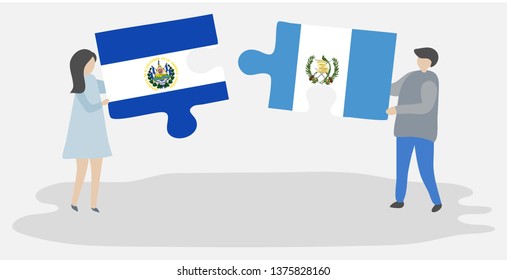 Couple holding two puzzles pieces with Salvadoran and Guatemalan flags. El Salvador and Guatemala national symbols together.