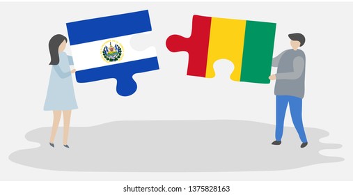 Couple holding two puzzles pieces with Salvadoran and Guinean flags. El Salvador and Guinea national symbols together.