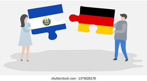 Couple holding two puzzles pieces with Salvadoran and German flags. El Salvador and Germany national symbols together.