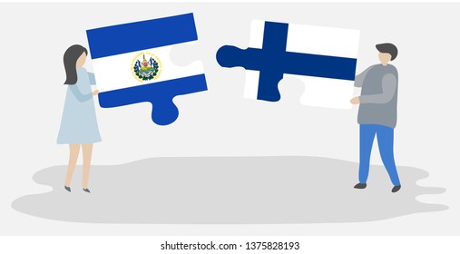 Couple holding two puzzles pieces with Salvadoran and Finnish flags. El Salvador and Finland national symbols together.
