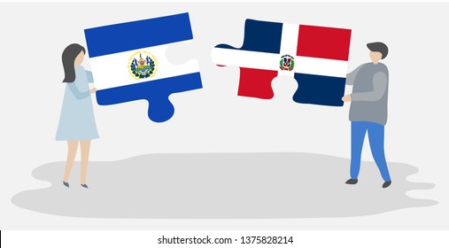 Couple holding two puzzles pieces with Salvadoran and Dominican flags. El Salvador and Dominican Republic national symbols together.