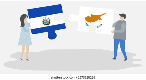 Couple holding two puzzles pieces with Salvadoran and Cypriot flags. El Salvador and Cyprus national symbols together.