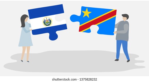 Couple holding two puzzles pieces with Salvadoran and Congolese flags. El Salvador and Democratic Republic of the Congo national symbols together.
