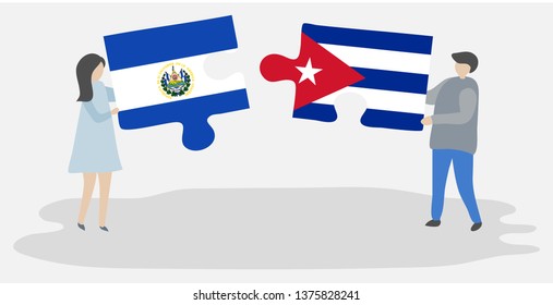 Couple holding two puzzles pieces with Salvadoran and Cuban flags. El Salvador and Cuba national symbols together.