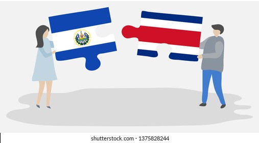 Couple holding two puzzles pieces with Salvadoran and Costa Rican flags. El Salvador and Costa Rica national symbols together.